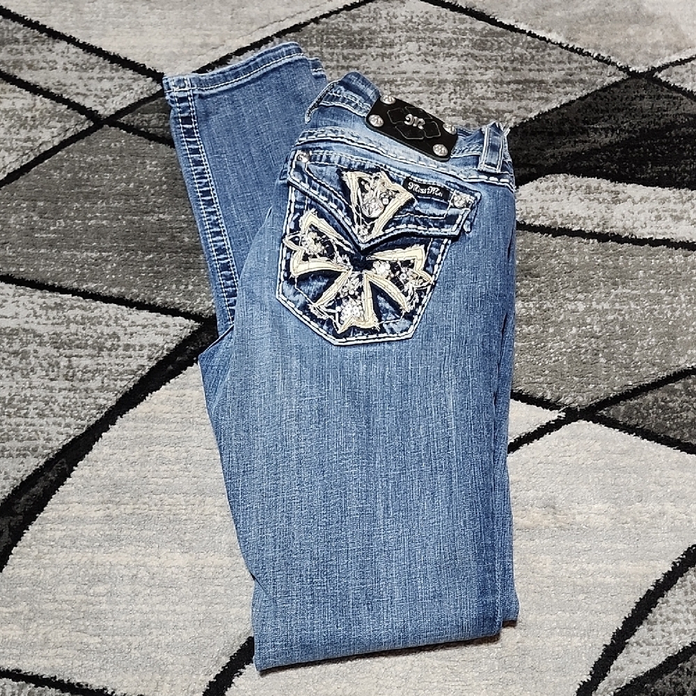 MISS ME EMBROIDERED RHINESTONE SEQUINS METALLIC CROSS MID-RISE SKINNY DENIM JEAN